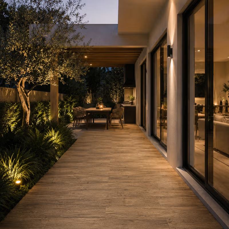 Patio con calcáreo listón durmiente de noche