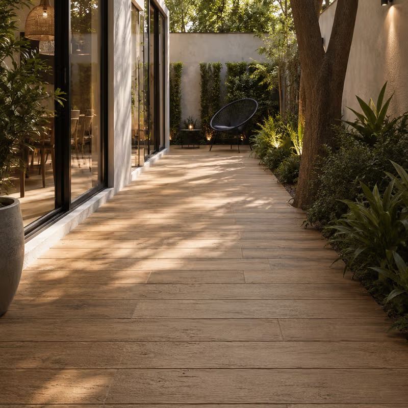 Galería exterior con calcáreo listón durmiente símil madera